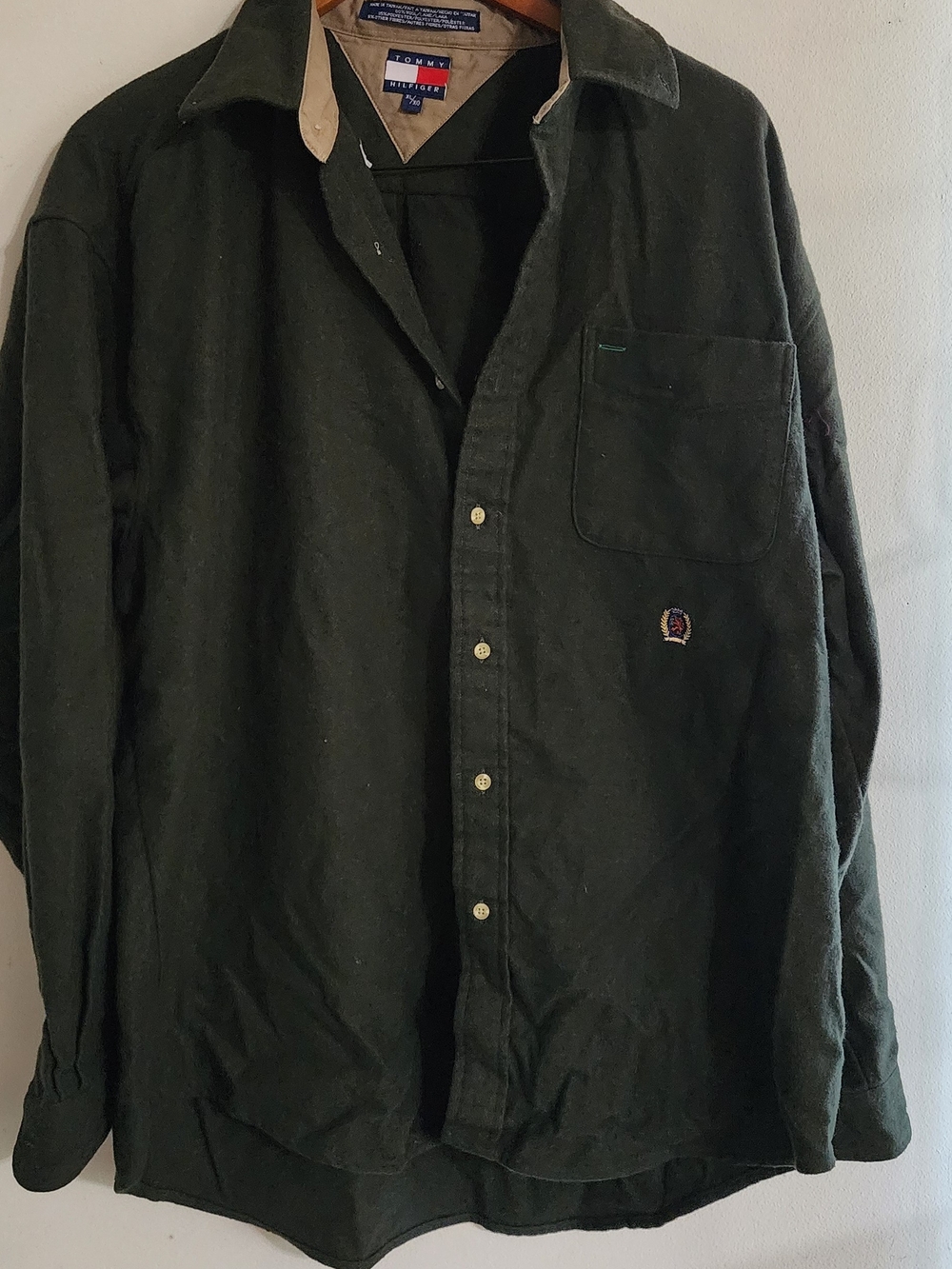 Vintage Tommy Hilfiger Dark Green Wool Blend Heavyweight Button Down Shirt XL